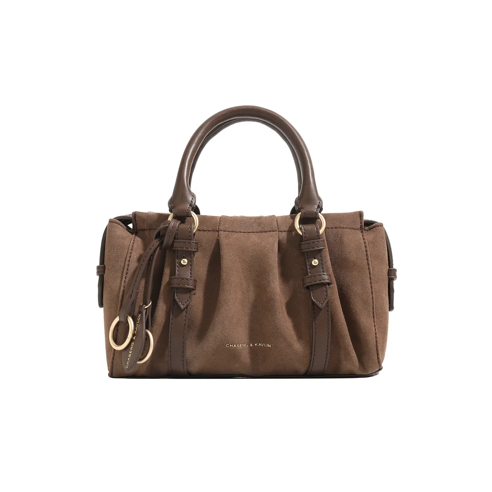 

Niche Design Retro Suede Pleated Handbag Boston Bag Women's Autumn/Winter Oiled Leather Square Crossbody Bag