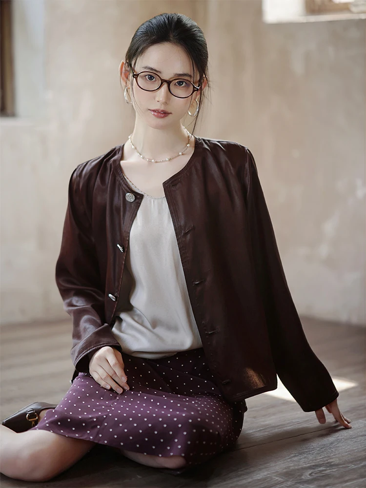 

Zhaodaxi Red Cloud Silk Outerwear round Ne Long Sve Women's Jaet Double Stitched oulder Fit Commute Sle Summer New