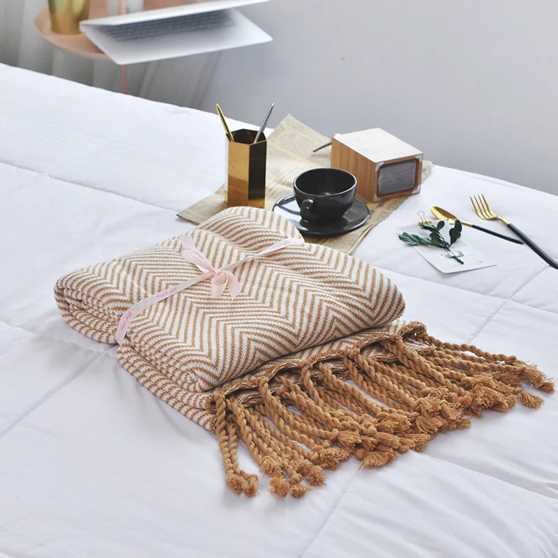 Tassel Herringbone Pattern Cotton Knitted Blanket Office Sofa Travel Home Air-conditioning Blanket Nordic Simple Home Decoration