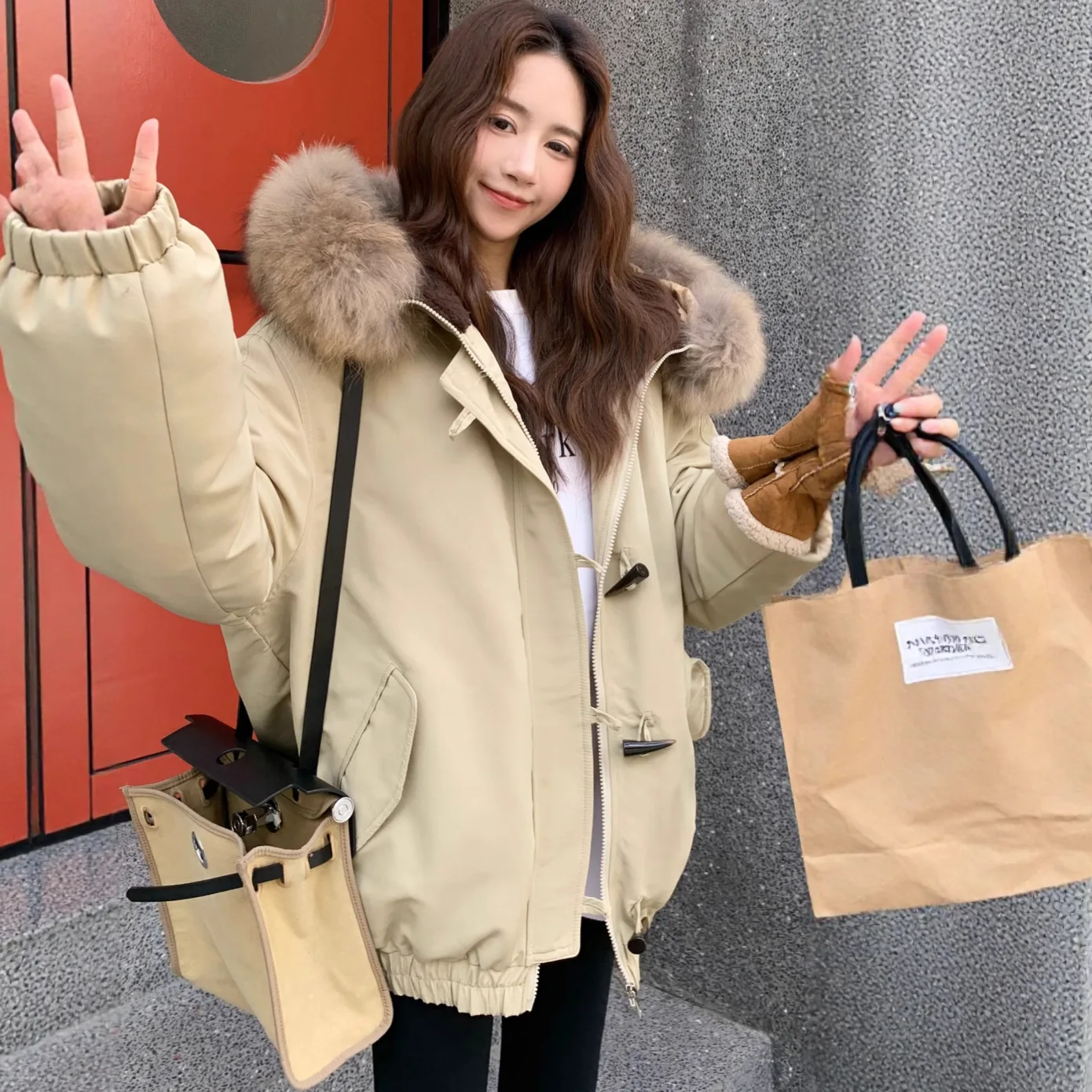 Hooded Women Parkas Coat Short Solid Jacket Big Fur Collar Zipper Toggle Elastic Hem Thick Loose Fit Casual Autumn Winter 2025