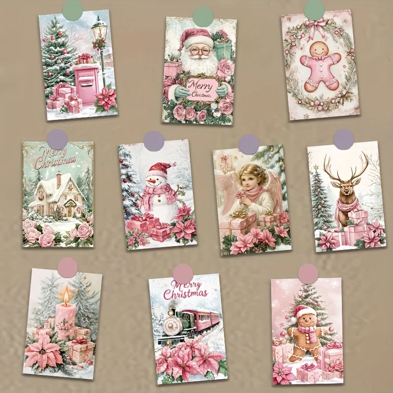 10 Stück rosa Weihnachtskarten im Vintage-Stil, kreative niedliche Weihnachtsmann-Dekorationen, Heiligabend, Wand, Kühlschrank, Nachrichtenkarten, Grußkarte