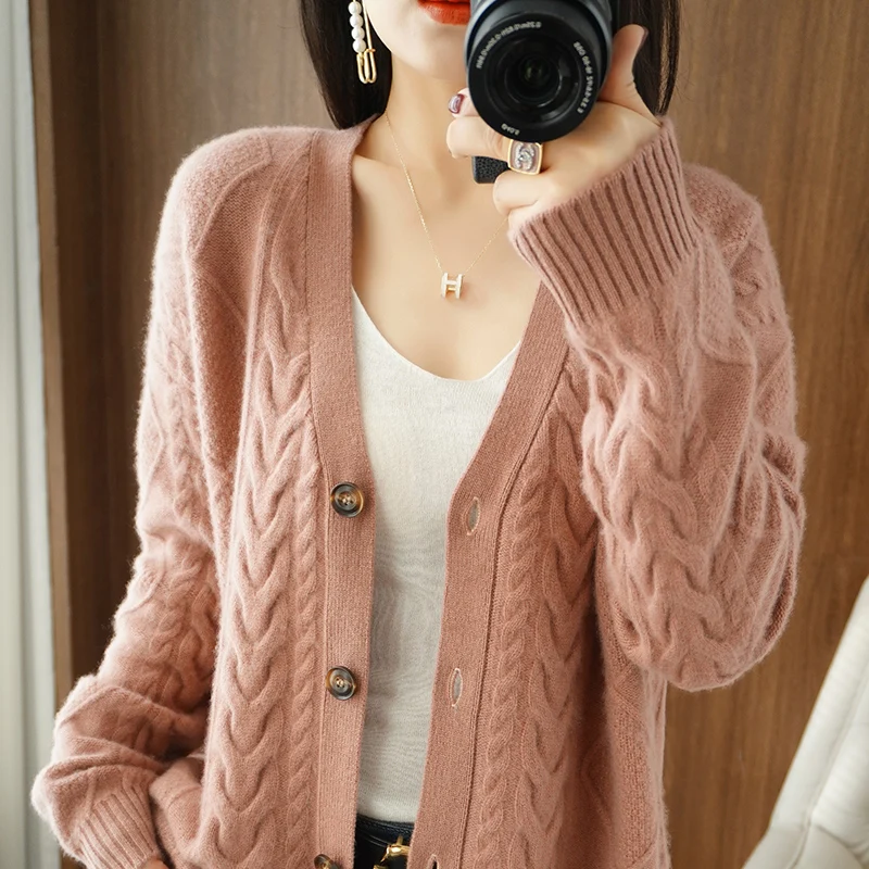 Cashmere Sweater Women New Knit Coat 2024 Spring High-End Large Size Female Jacket Warm Tops 100%Pure Wool Cardigan Twist Shirt