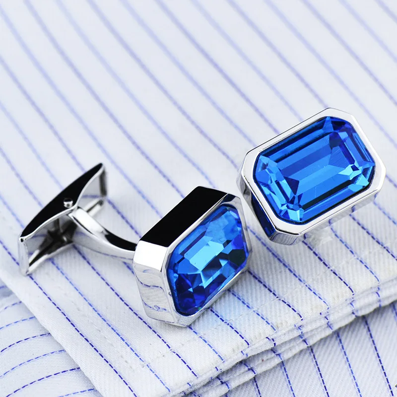 Cufflinks Men\'s Unisex French Shirt Suit Business Banquet Wedding Party Gifts Classic High Grade Simple Blue Crystal Cuff Links