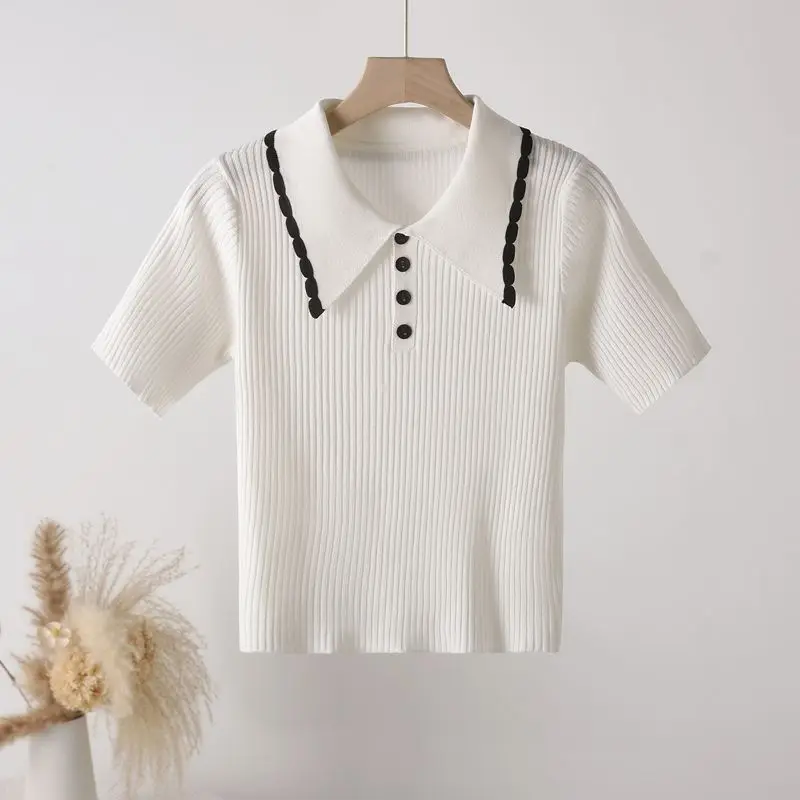 Pulôveres de botão com pescoço polo feminino, tops de malha, manga curta, elegante e fina, doce e tudo combina, roupa de trabalho, pedaços de gelo,