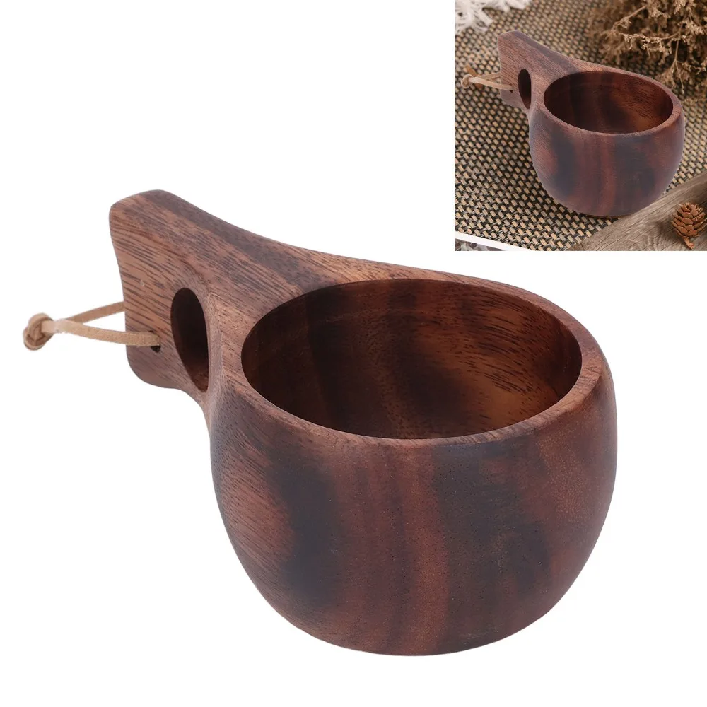 Camping Use Portable Wood Camp Mug Wood Grain With Handle Wooden Camping Cup Hand Made Wood Mug Hot Drinking