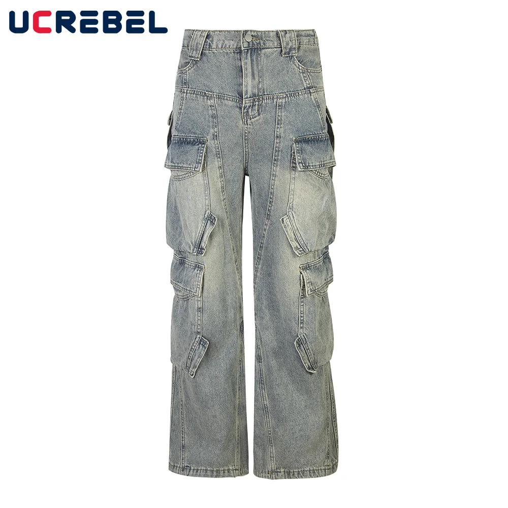 

Spliced Multi-Pocket Jeans Mens Washed Distressed High Street Straight Loose Wide leg Denim Trousers Men Pants