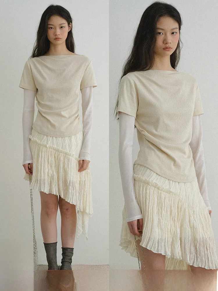 

Popchrio Casual Style Long Sleeve T-Shirt Linen Mixed Loose Fit One Shoulder Design Breathable Knitted Top for Women