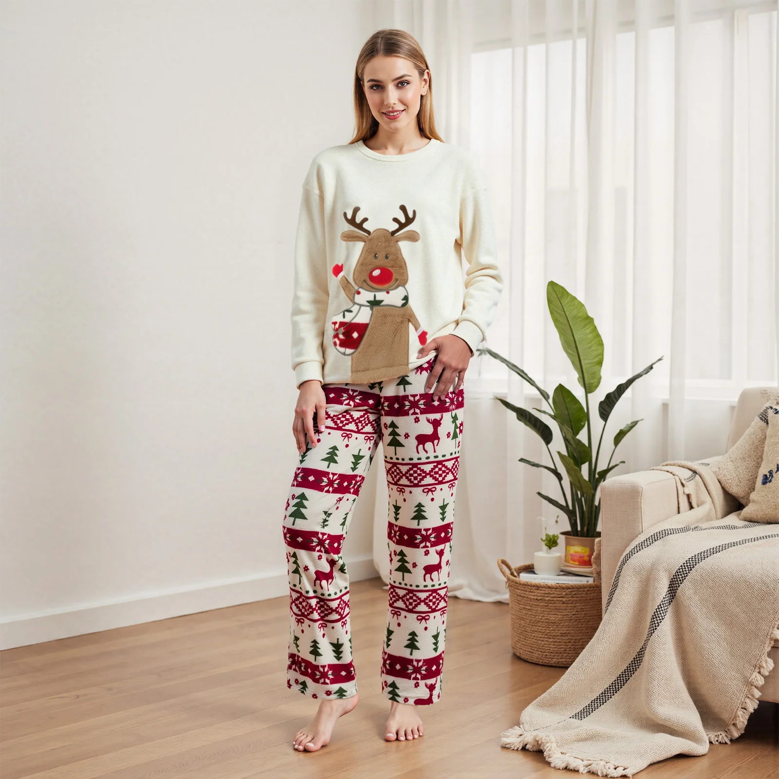 

Winter Xmas Women's Flannel Pajama Sets 2026 New Years Christmas Reindeer Embroidery Long Sleeve Tops with Pants Soft Sleepwear