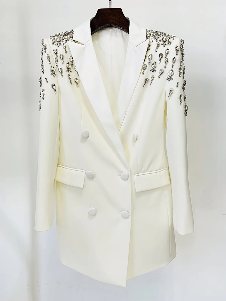 HIGH STREET Newest 2024 Designer Jacket Women\'s Double Breasted Rhinestone Diamonds Beaded Long Blazer Dress