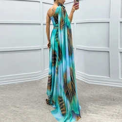 Elegant Diagonal Collar Asymmetric Long Dress Temperament High Waisted Pleat Evening Dress Fashion Pattern Printed Chiffon Dress