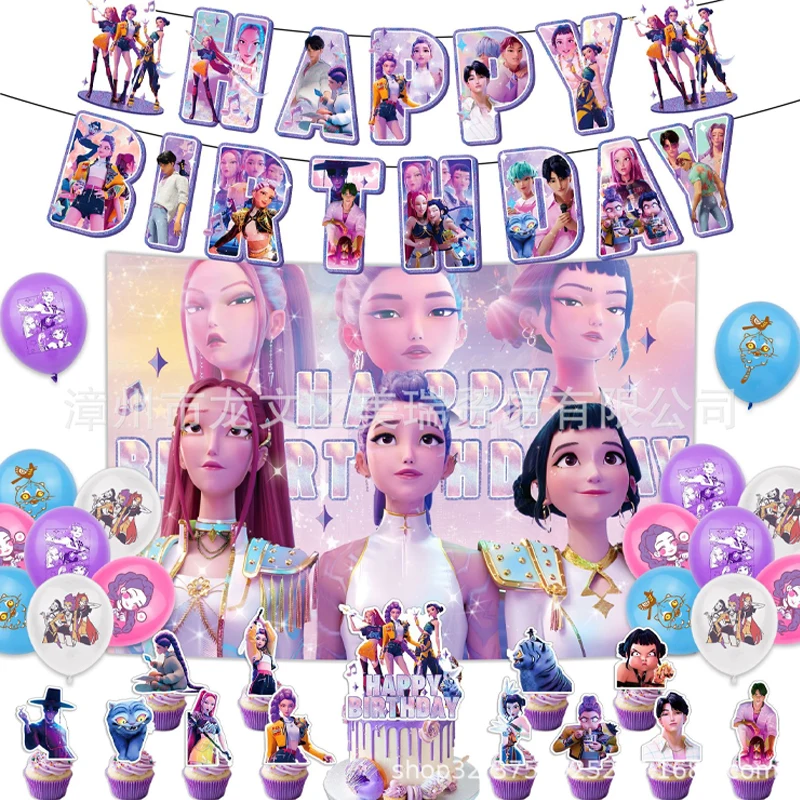 Kpop Demon Hunters Dekorasi Ulang Tahun Anak-anak Spanduk Kawaii Hiasan Atas Kue Ornamen Latar Belakang Set Balon Angka Hadiah Perlengkapan Pesta