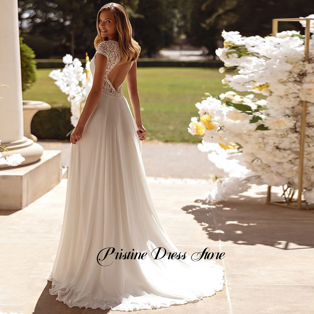 Women Chiffon A-Line Wedding Dresses Classic V-Neck Lace Cap Sleeves Customized Bridal Gowns with Corset robe de mariée 2026