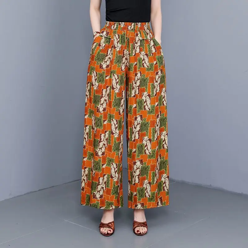Summer New Floral Printed Wide-leg Pants Thin Versatile Cotton Silk Pants Middle-aged Elderly Mother Loose Ankle-Length Trousers