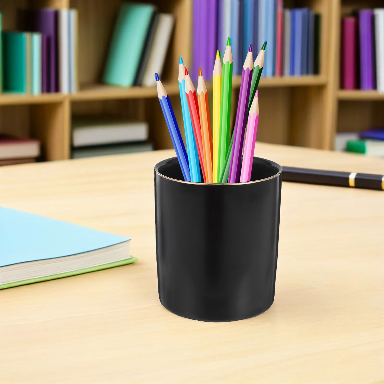 Ceramic Desk Pen Holder Black Pencil Cup Makeup Brush Stand Toothbrush Rack Countertop Organizer Modern Minimalist Gold Accent