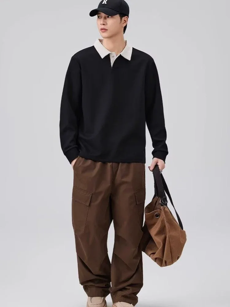 Korean Retro Contrast Polo Neck T-Shirt Men Loose Casual Fall Base Layer