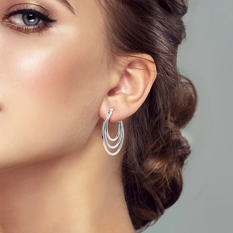 925 Sterling Silver Golden Earrings Women Sparkling Triple-layer Oval Coil Hoop Earring for Anniversary Wedding Jewelry Gifts