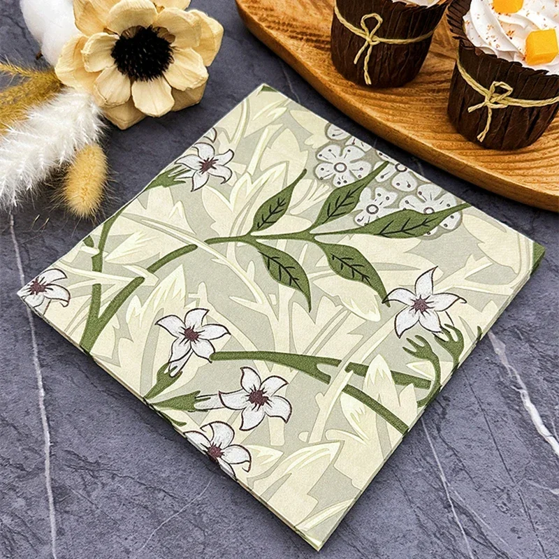 20pcs/Pac 2Ply Printed Napkins Party Table Decoration Wine Glass Flower Paper Fresh Green Leaves Flowers Colourful Paper Napkins