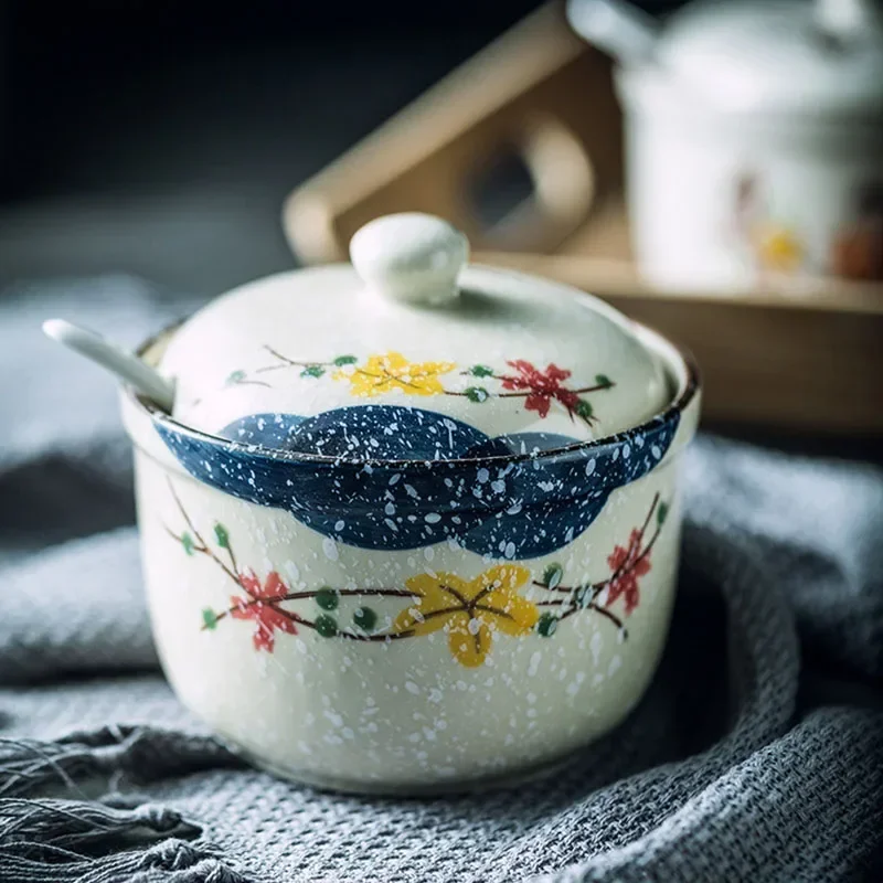 1pcs Ceramic Seasoning Jar with Lid and Spoon Kitchen Spice Jars for Salt/Sugar/Pepper/Tea Japanese Style Condiment Storage Box