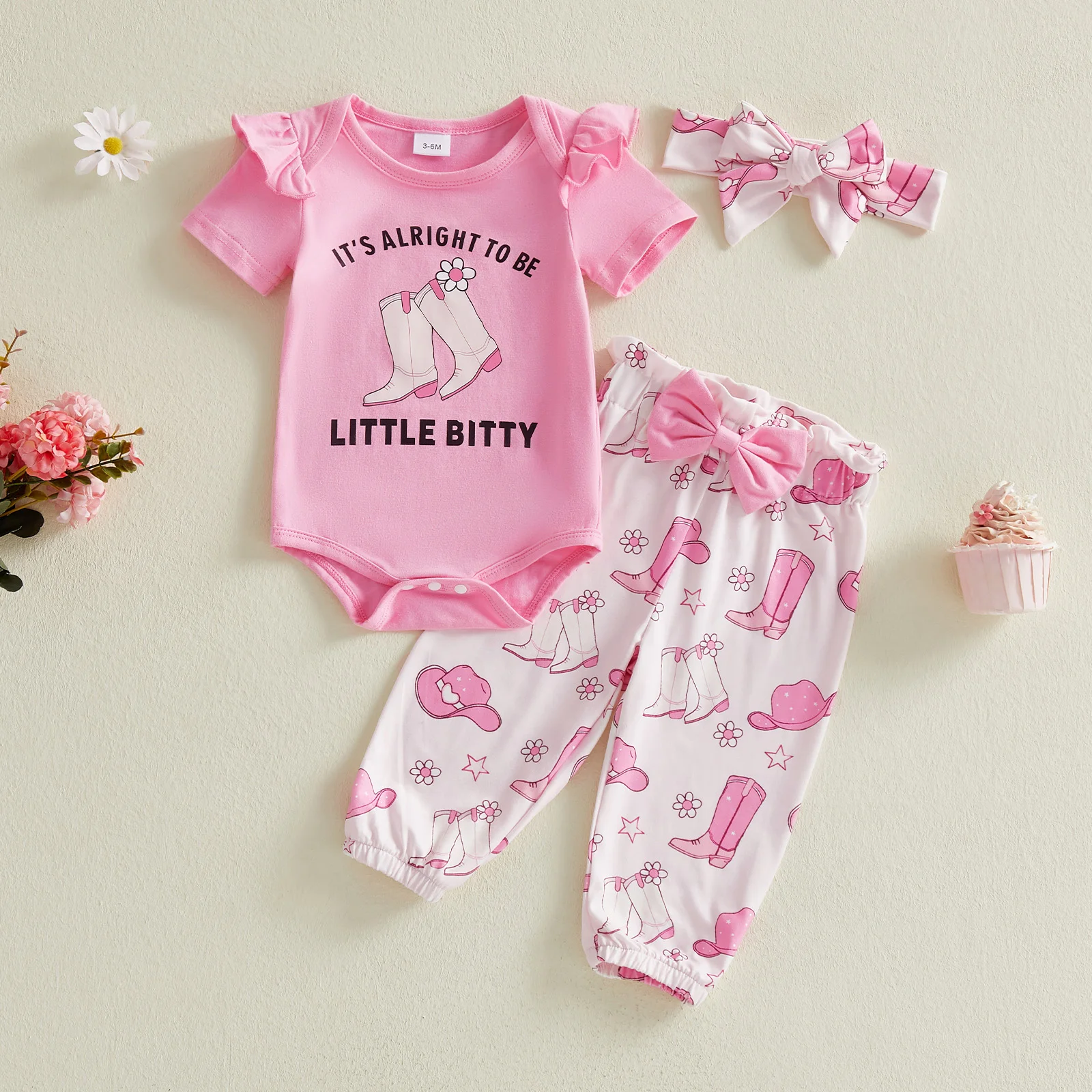 3 قطع الرضع فتاة راعية البقر الزي طاقم الرقبة كشكش قصيرة الأكمام خطابات طباعة رومبير مرونة الخصر السراويل ومجموعة عصابات رأس #3