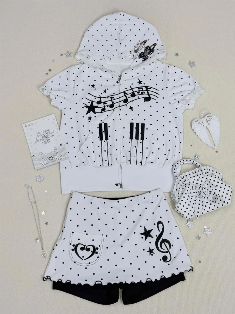 Summer Y2K white polka dot women's piano music star print slim fit hooded zipper short sleeved lace border daily fashion T-shirt view 4