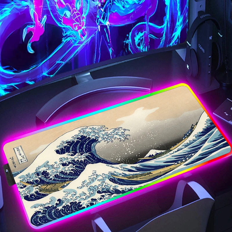 Imagem -02 - Grande Onda Arte Japonesa Backlight Jogos Legal Antiderrapante Grande Mouse Pad Rgb Acessórios de Escritório Brilho Mousepad Gamer Led Deskmat Xxl