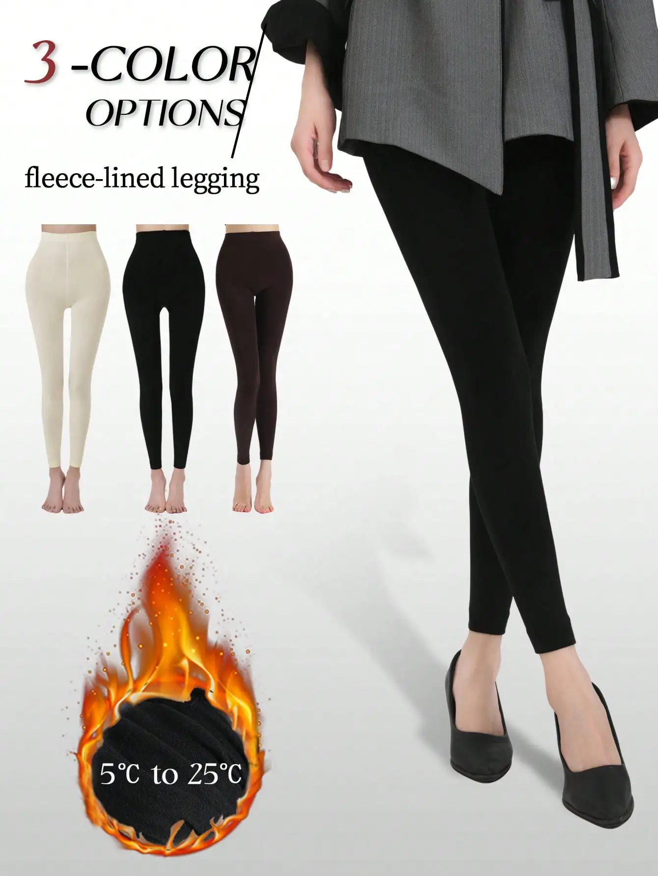 1Pair Women Fleece‑Lined Leggings Soft Warm Opaque High‑Stretch 3‑Color Options Ankle Length Pants For 5‑25℃ Autumn Winter