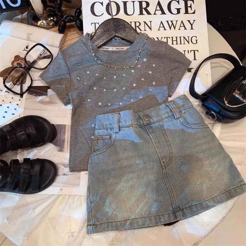

TOY-Girls' Summer Outfit Set New Korean Style Fashionable Sequin Short SleeveTWomen's Versatile Denim Skirt Two-Piece Set