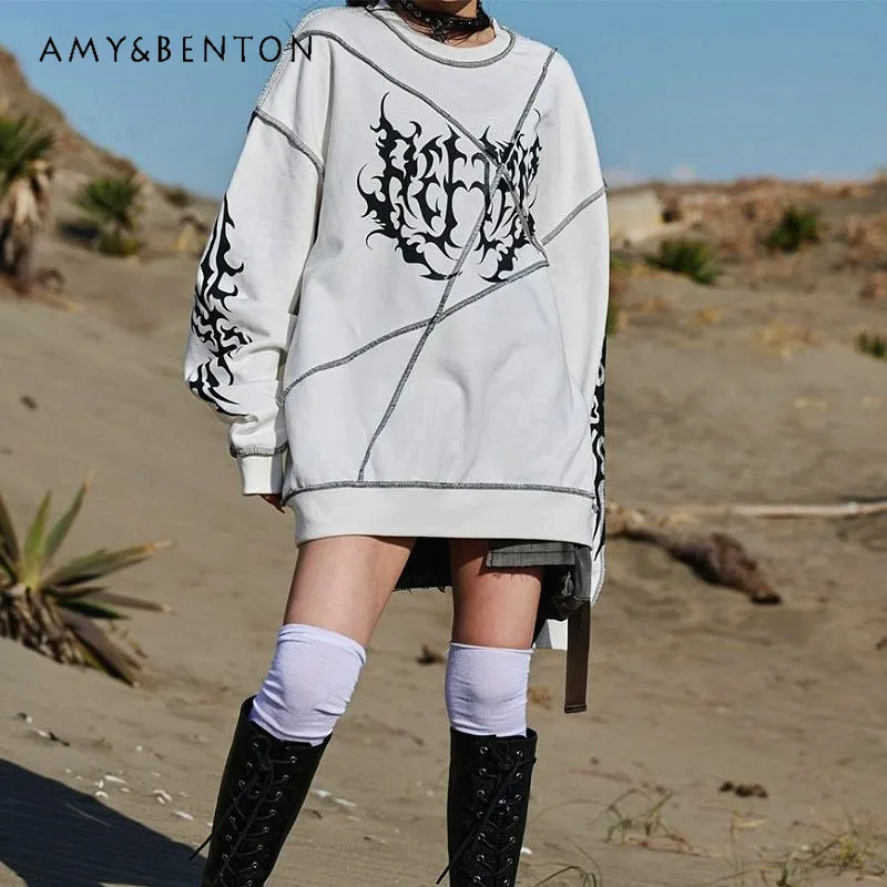 Japanese Harajuku Style Deconstructed Retro Washed Gothic Print Long Sleeve Sweatshirt Subculture Punk Style Oversized Hoodie