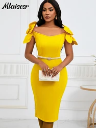 Mlaiscsr Sexy Off the Shoulder Petal Sleeve Mid Dresses with Sashes Woman Clothing Office Lady Elegant Birthday Party Prom Robe