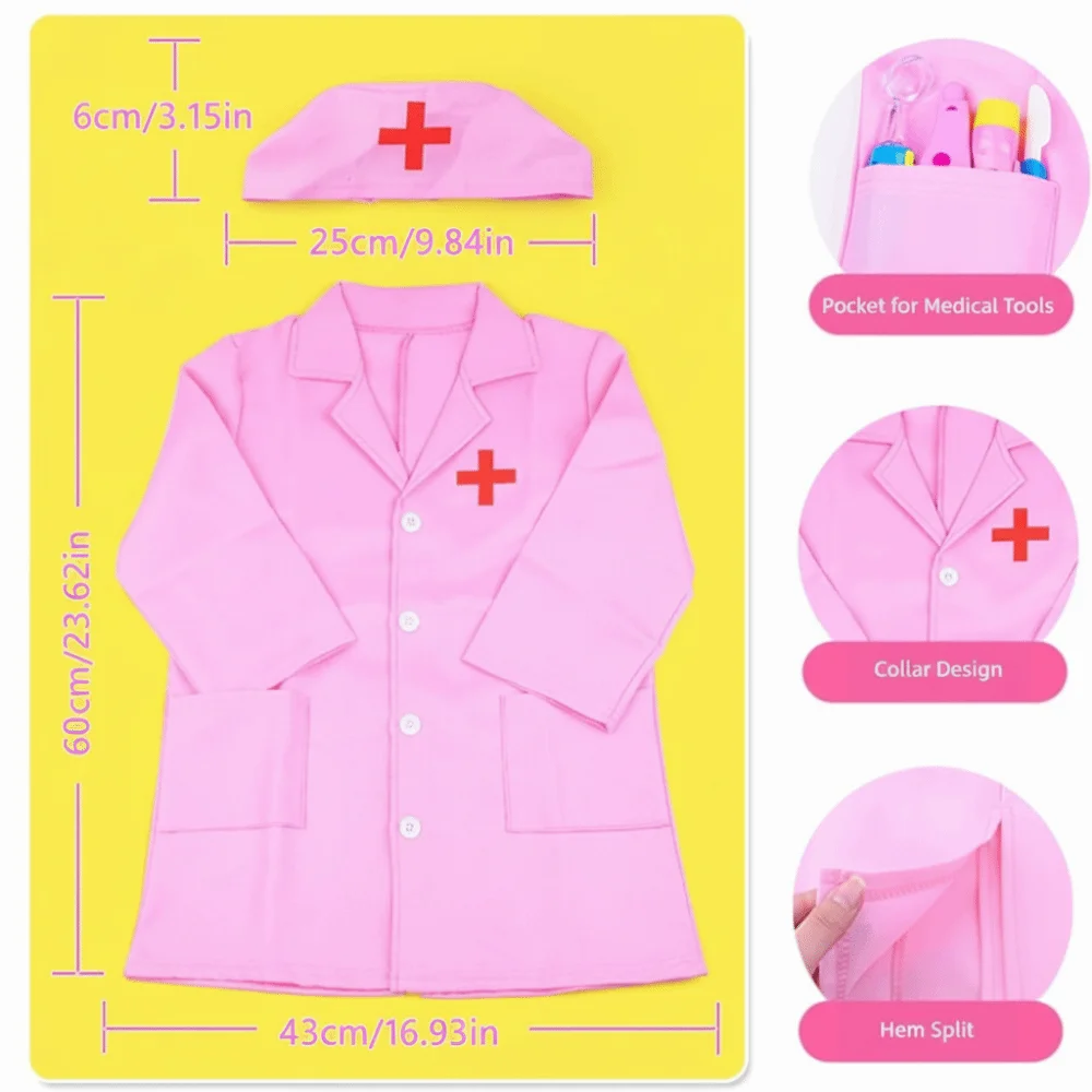1 Juego de ropa de juguete para niños, color blanco y rosa, casa de juego, juego profesional, ropa de médico, disfraz de actuación, juego de rol, ropa de enfermera
