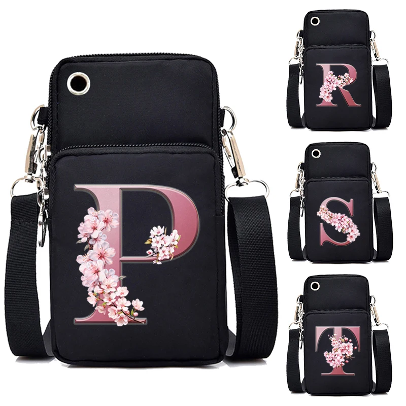 

New Floral Mobile Phone Bag Women's Messenger Bag Hanging Neck Purse Vertical Handbag 26 Sakura Alphabet A-Z Small Crossbody Bag