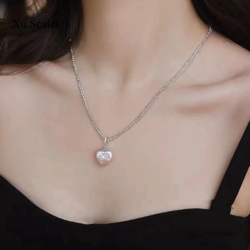 Handmade S925 Sterling Silver Double Chain Natural Fresh Water Baroque Love 15-16mm Pearl Pendant Necklace Romantic Girl Jewelry