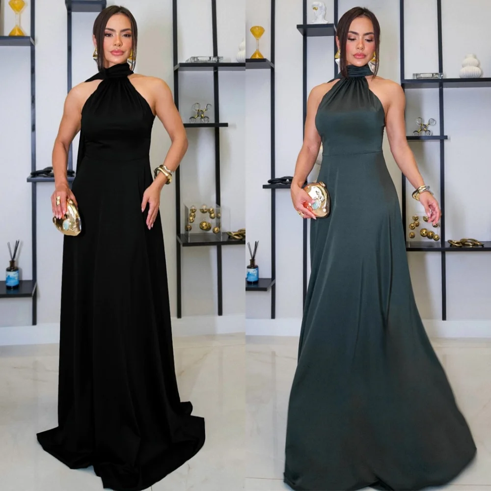 

Customized Modern Green Satin Evening Dresses Classic Halter Sleeveless Homecoming Dresses Temperament Special Occasion Gowns