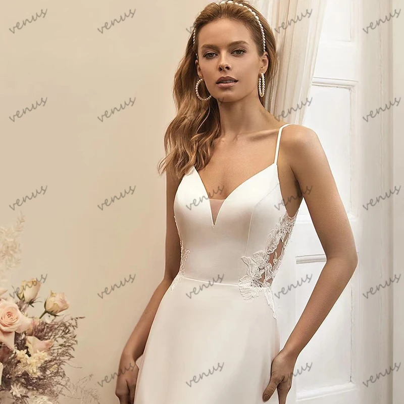 Vestidos De Novia sencillos De satén, ropa De Novia sin mangas con escote Corazón, corte en A para fiesta Formal, con tirantes finos