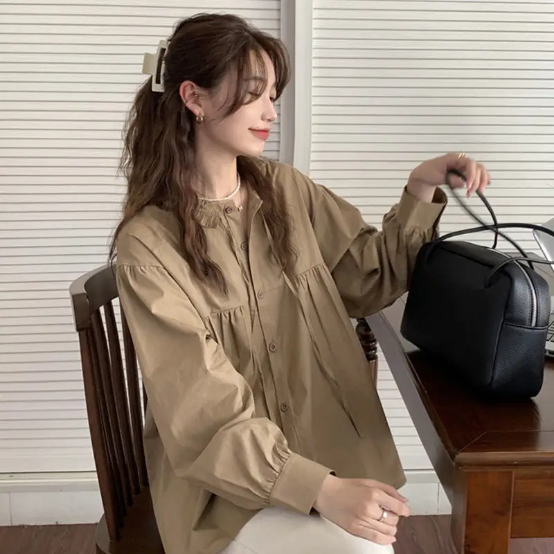 

Long Sleeve Shirts Womens Chiffon Blouse Ruffled Slim Fit Romantic Lace-Up Feminine Sweet Korean Style Elegant Look