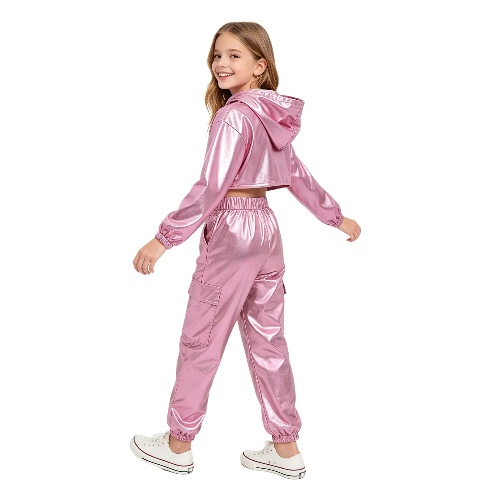 Kids Girls Metallic Hip Hop Jazz Street Dance Costume Long Sleeve Cropped Hoodie with Vest Cargo Pants School Show Stage Outfit