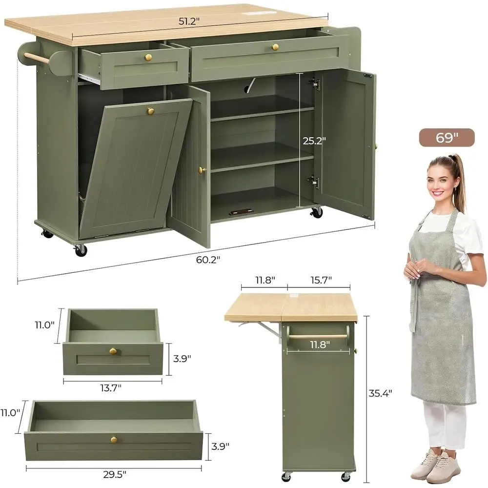 Green Rolling Kitchen Island with Storage, Trash Bin, Drop Leaf, Power Outlet, Spice Rack, Towel Bar, and Knife Holder - view 2