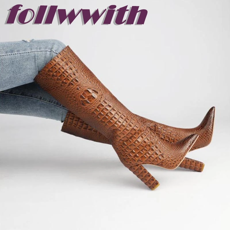 Alligator Pattern Leather Winter  Women Boots Unique Concise Square Heel Knee High Retro Solid 2024 Fashion Modern Newest  Shoes