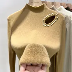Plus Velvet Sweaters Womens Winter Warm Knit Pullovers Mock Neck Korean Fashion Fleece Lined Knitwear Casual Bottomed Tops New
