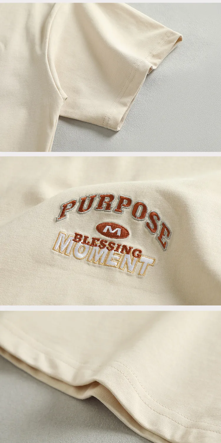 2026 Summer Men's American Style Streetwear T-Shirt Letter Embroidery Washed Loose Casual Round Neck Short Sleeve Top