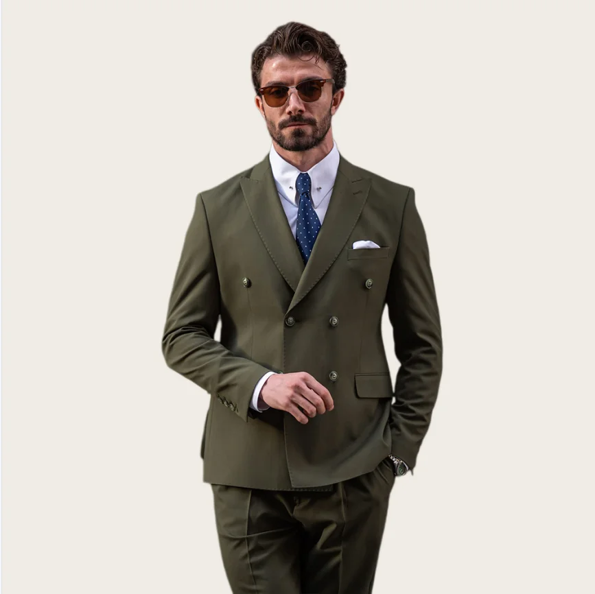 Traje de hombre verde oliva, doble botonadura, solapa de pico, estilo Vantage, para novio, boda, ajuste slim italiano, blazer de negocios personalizado