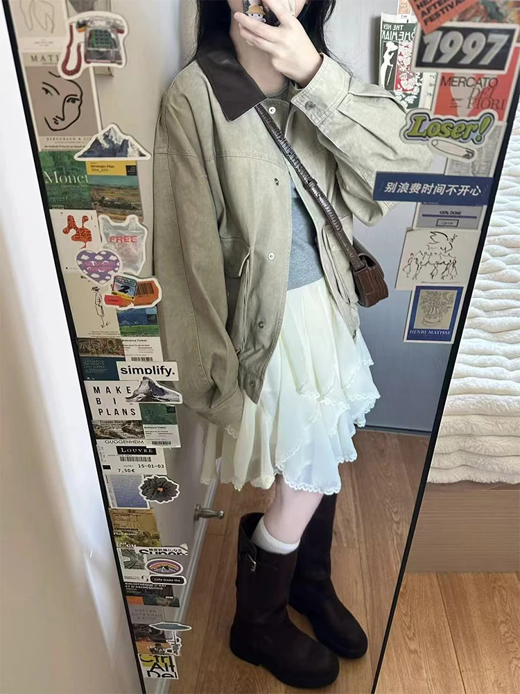 

Autumn Women's Jaet 2025 New Loose Casual Waed Flip Collar Workwear Top Trendy Commute Sle Long Sve Zipper E11561