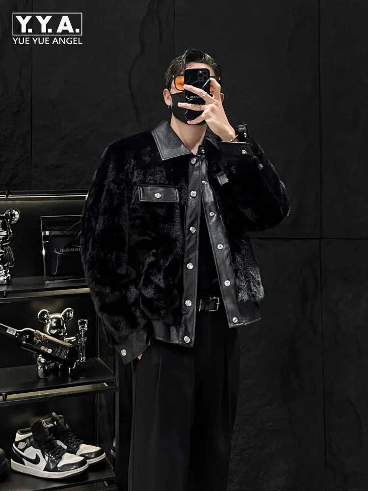 Autumn Winter Men Thick Faux Rabbit Fur Jacket Turndown Collar Single Breasted Warm Jackets Loose Casual Patchwork Black Coat