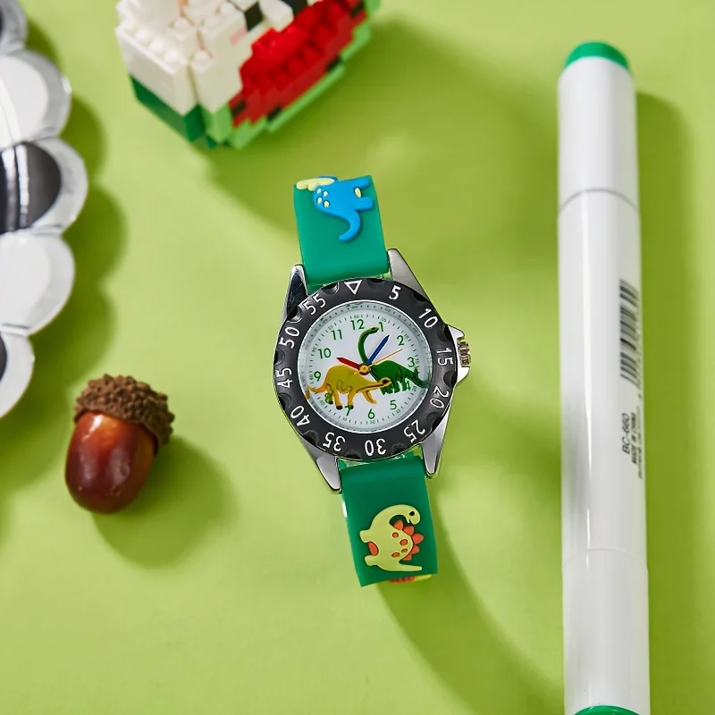 1pc Dinosaur Quartz Watch - Fun Cartoon Design, Green & Black Silicone Strap, Non, Round Case, Perfect gift