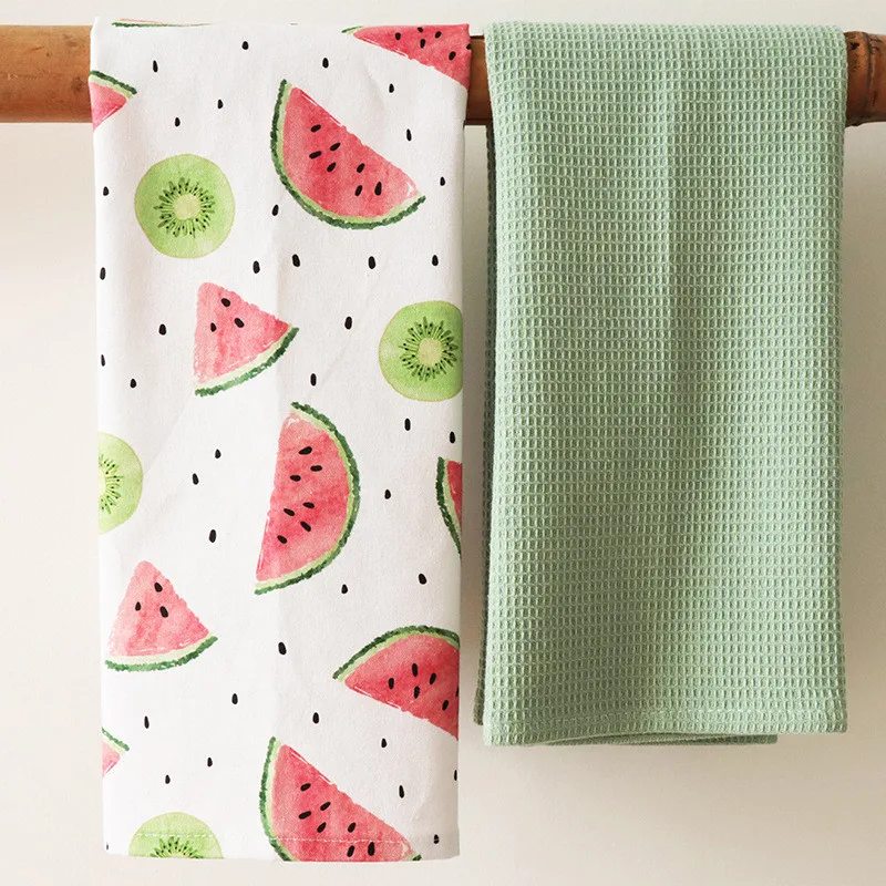 2Pcs/set 45x65cm Printed Pure Cotton Table Napkins Kitchen Waffle Tea Towels Absorbent Dish Cleaning Cloth