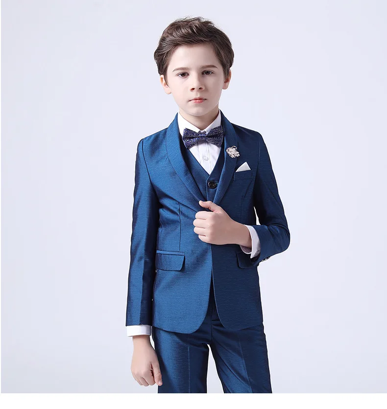 

Kids Noble Jacket Vest Pants Set Dress Flower Boys Luxurious Wedding Suit Children Piano Performance Party Costume