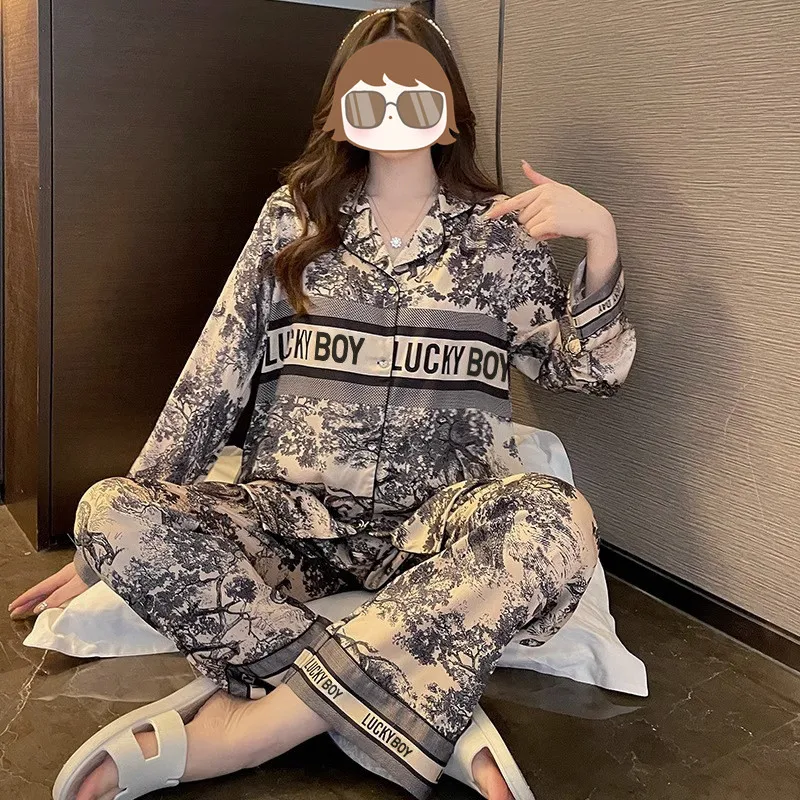 Ice Silk Pajamas Women Ink Painting Long Sleeve Premium Feeling Elegant Comfortable Homewear Sexy Nightwear Girl Sleepwear