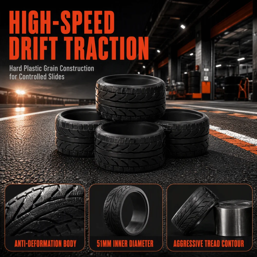 4 Pcs Easy Install 1/10 Scale RC Car Tires Plastic Hard Textured Surface Grain Drift Wheels Replacement Part Racing Enthusiasts