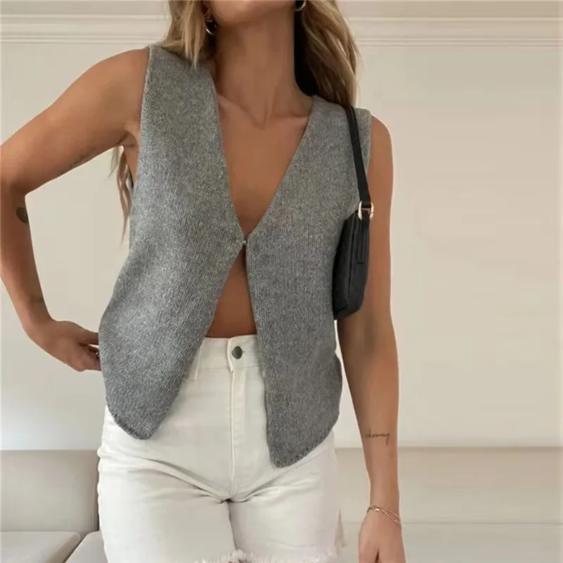 Knit Sleeveless Button Down Streetwear Sweater Cotton Sweater Vest Women Slouchy Sweater Women Solid Crochet V Neck Vest Top