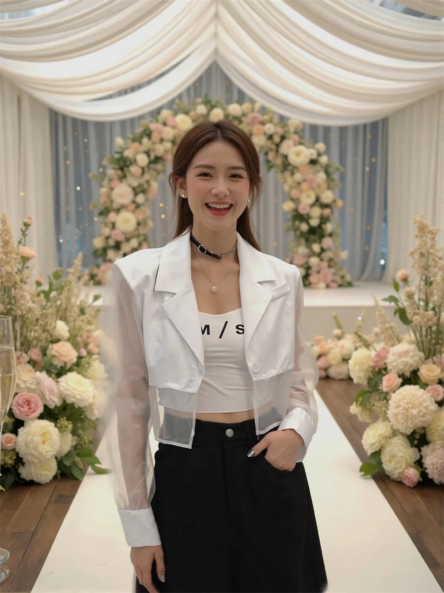 Sonnenschutz, abgeschnittene, durchsichtige Blazer mit Rückenschlitz, elegante Damenkleidung für Frauen, pastoral, geknöpft, gepunktet, College-Dye-Femme